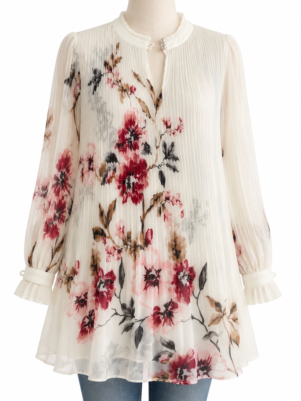 White House Black Market Size 0 Floral Pleated Chiffon Tunic Blouse Ruffle